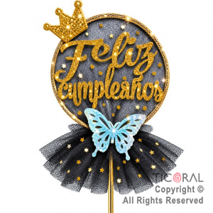 CAKE TOPPER FELIZ CUMPLEA�OS CIRCULO ORO CON TUL NEGRO